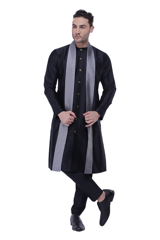 Black Kurta with Attached Drape Set